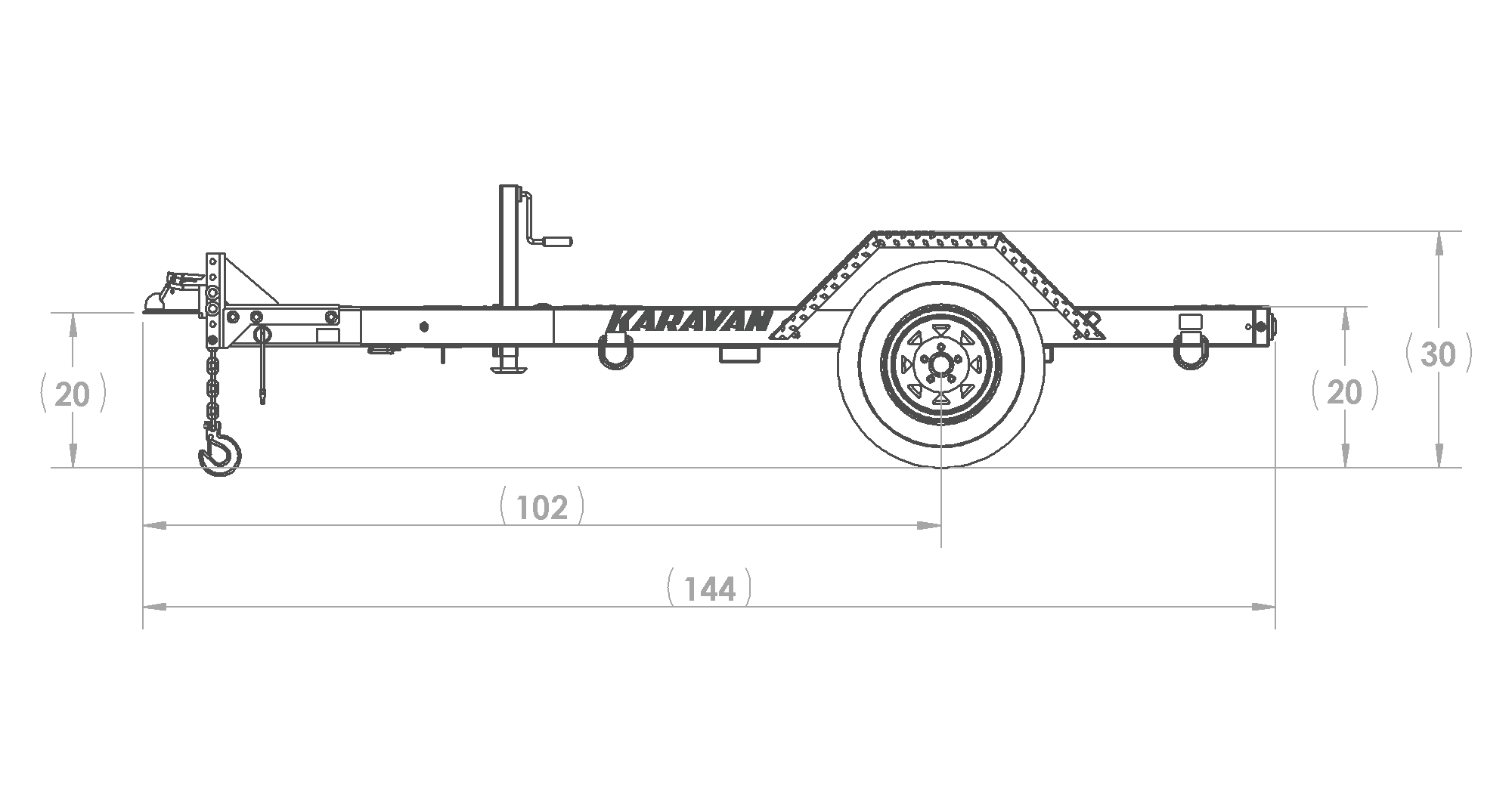 Karavan Trailer's 48 x 67 In. 3750# GVWR Industrial Trailer, model number WG-3750-EB-52, Side View Measurement