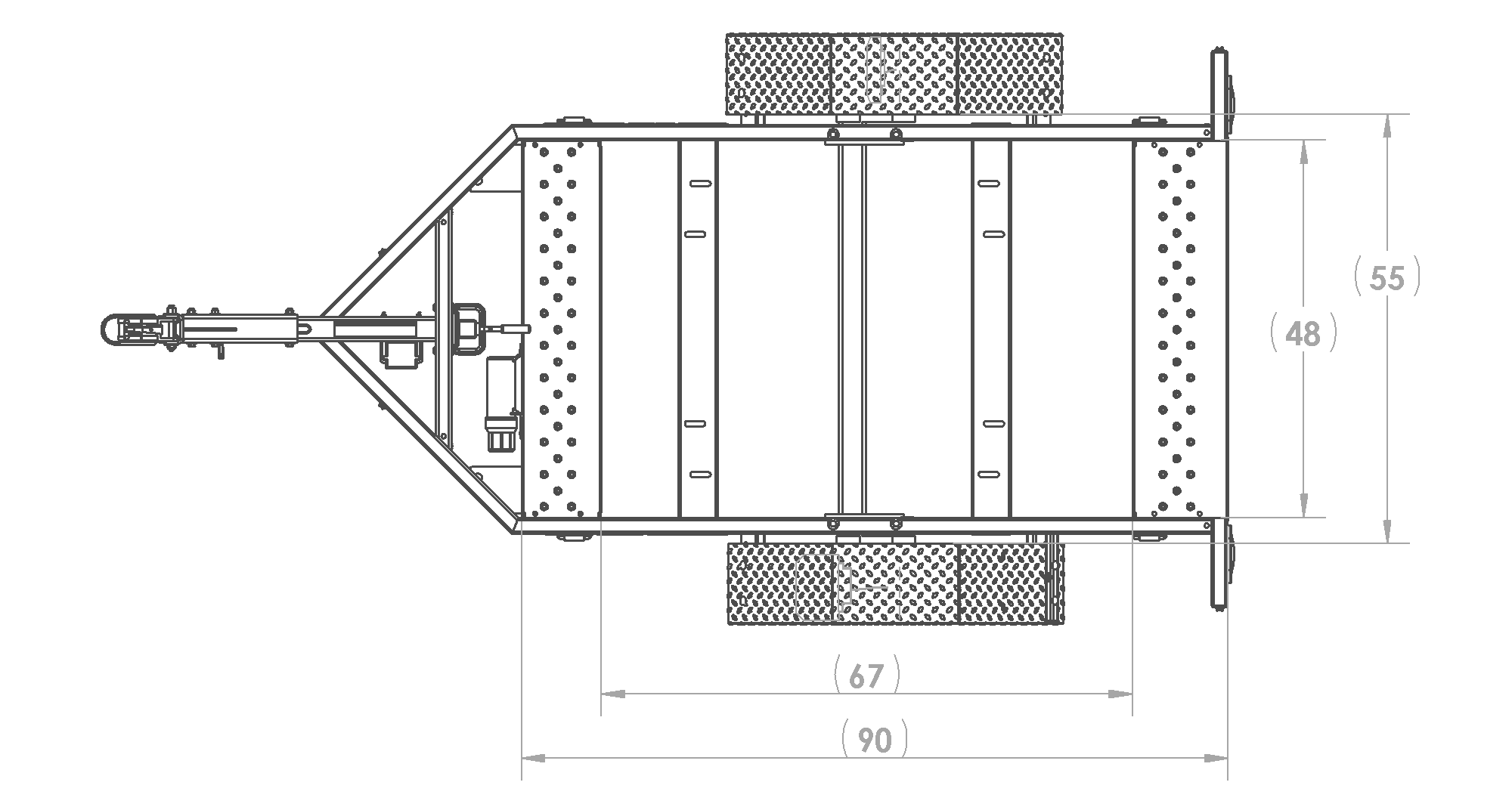 Karavan Trailer's 48 x 67 In. 3750# GVWR Industrial Trailer, model number WG-3750-EB-52, Top View Measurement