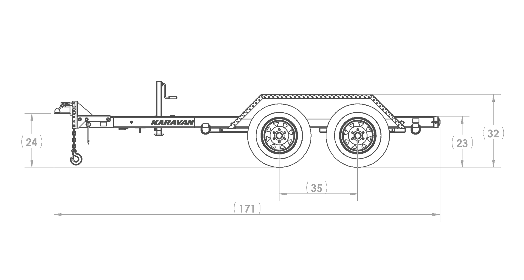 Karavan Trailer's 69 x 95 In. 10000# GVWR Industrial Trailer, model number WGT-10000-TEB-67, Side View Measurements