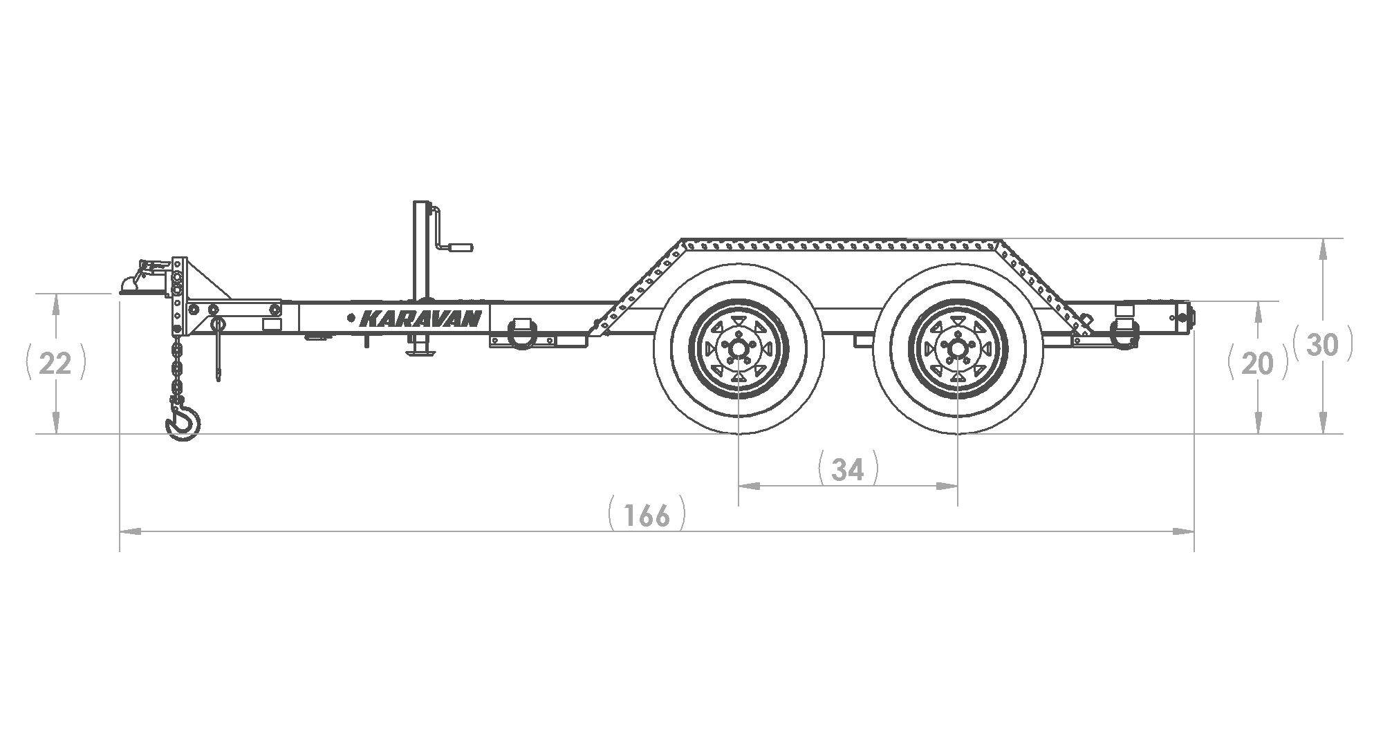 Karavan Trailer's 58 x 95 In. 7000# GVWR Industrial Trailer, model number WGT-7000-TEB-62, Side View Measurements