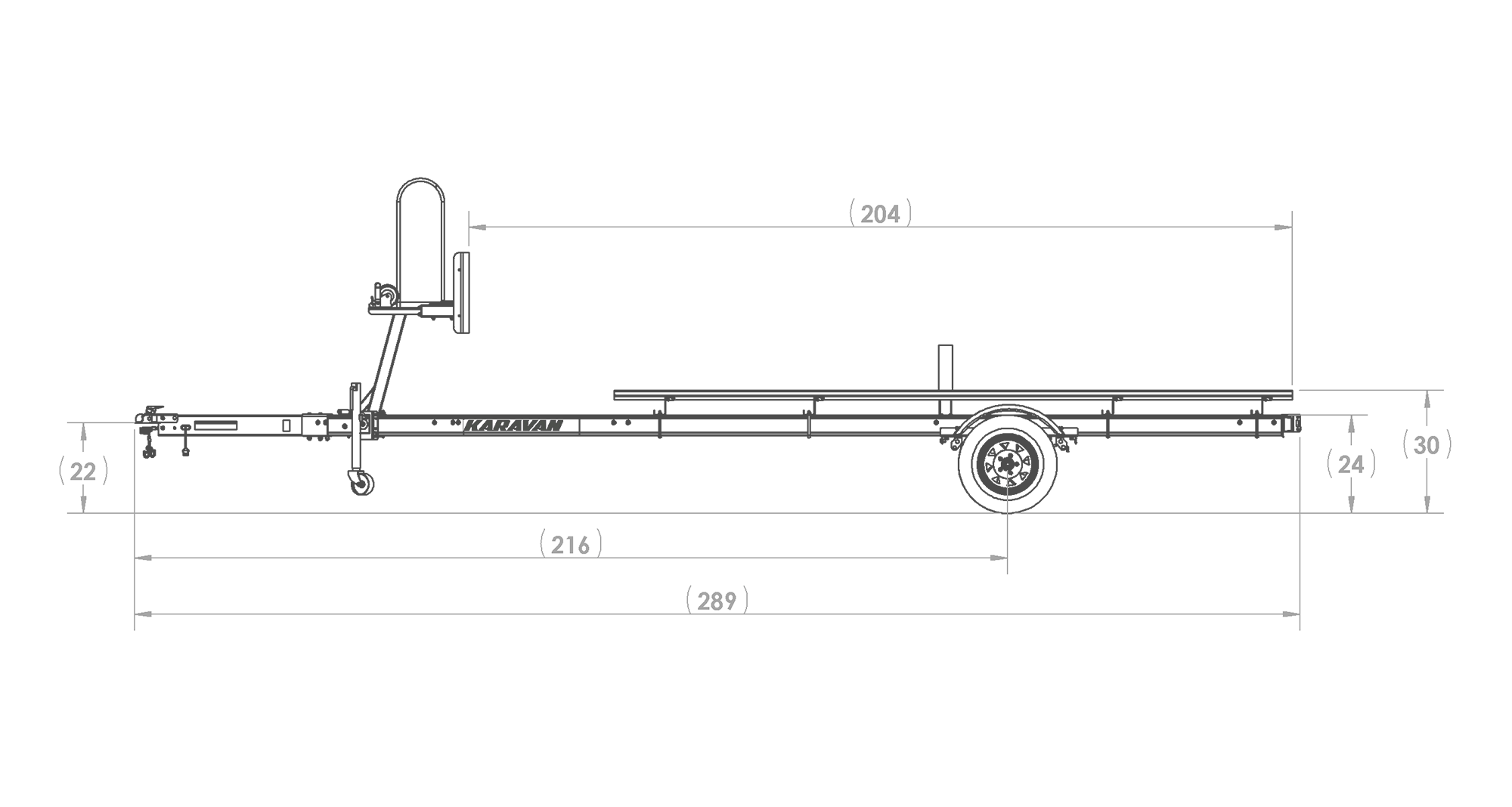 Karavan Trailer's Single Axel Aluminum Pontoon Trailer, model number KDPA-1618, Side View Measurement