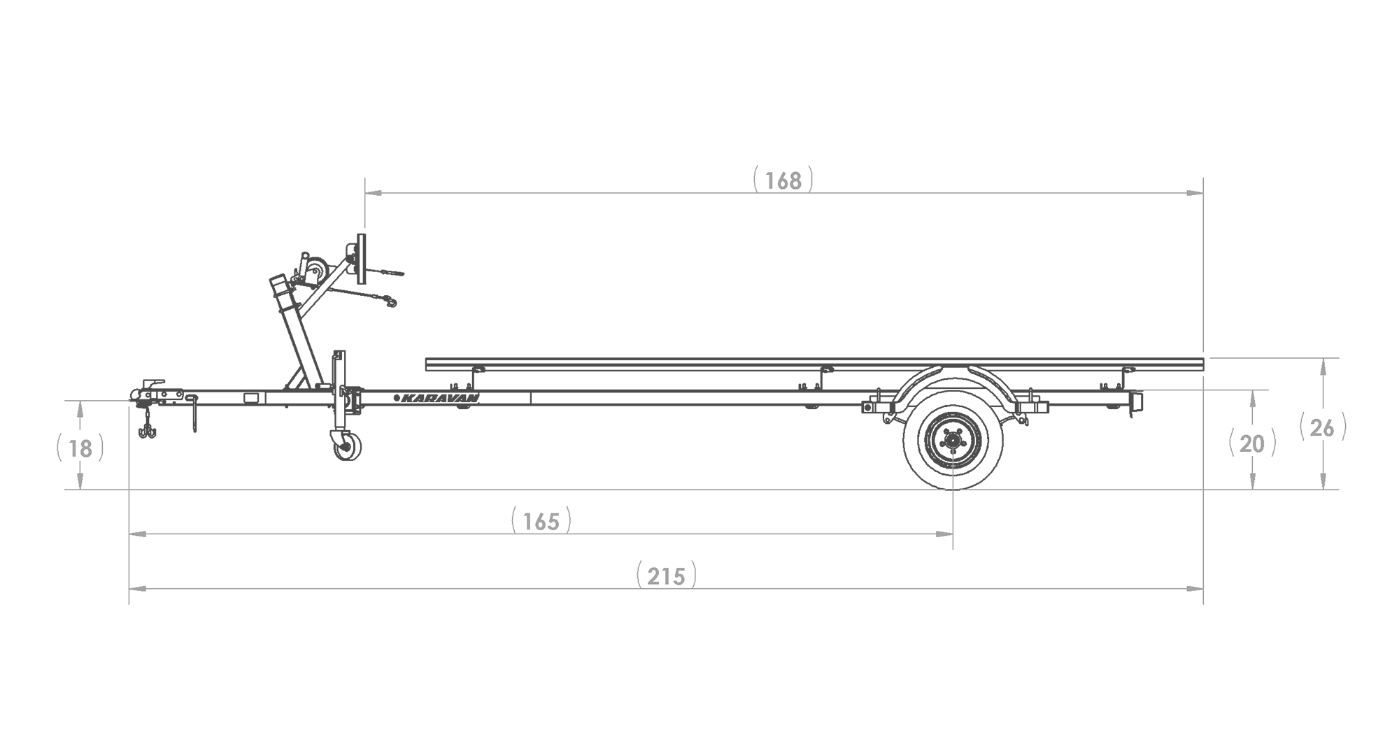 Karavan Trailer's Single Axel Mini Pontoon Trailer, model number KDP-1415, Side View Measurement