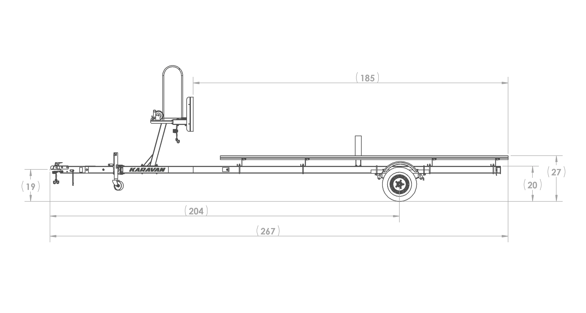 Karavan Trailer's Single Axel Small Pontoon Trailer, model number KDP-1618, Side View Measurement