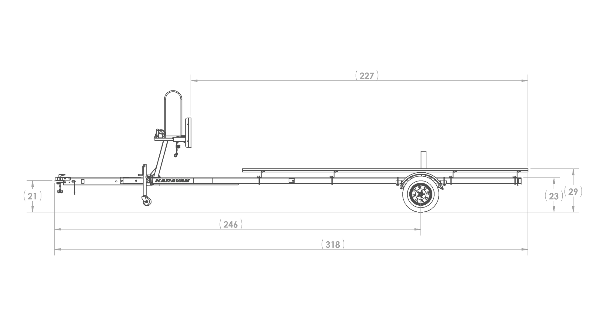 Karavan Trailer's Single Axel Midsize Pontoon Trailer, model number KDP-1822, Side View Measurement