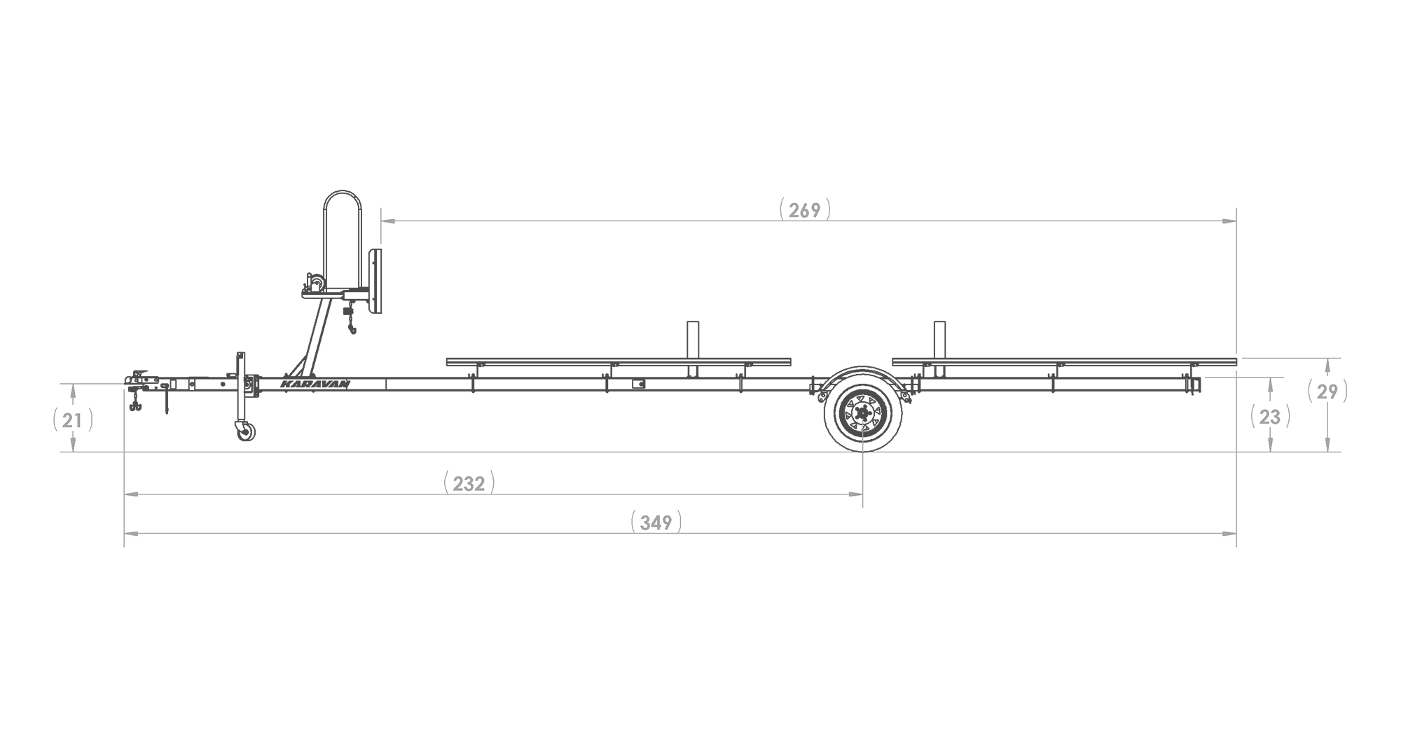 Karavan Trailer's Single Axel Large Pontoon Trailer, model number KDP-2225, Side View Measurement