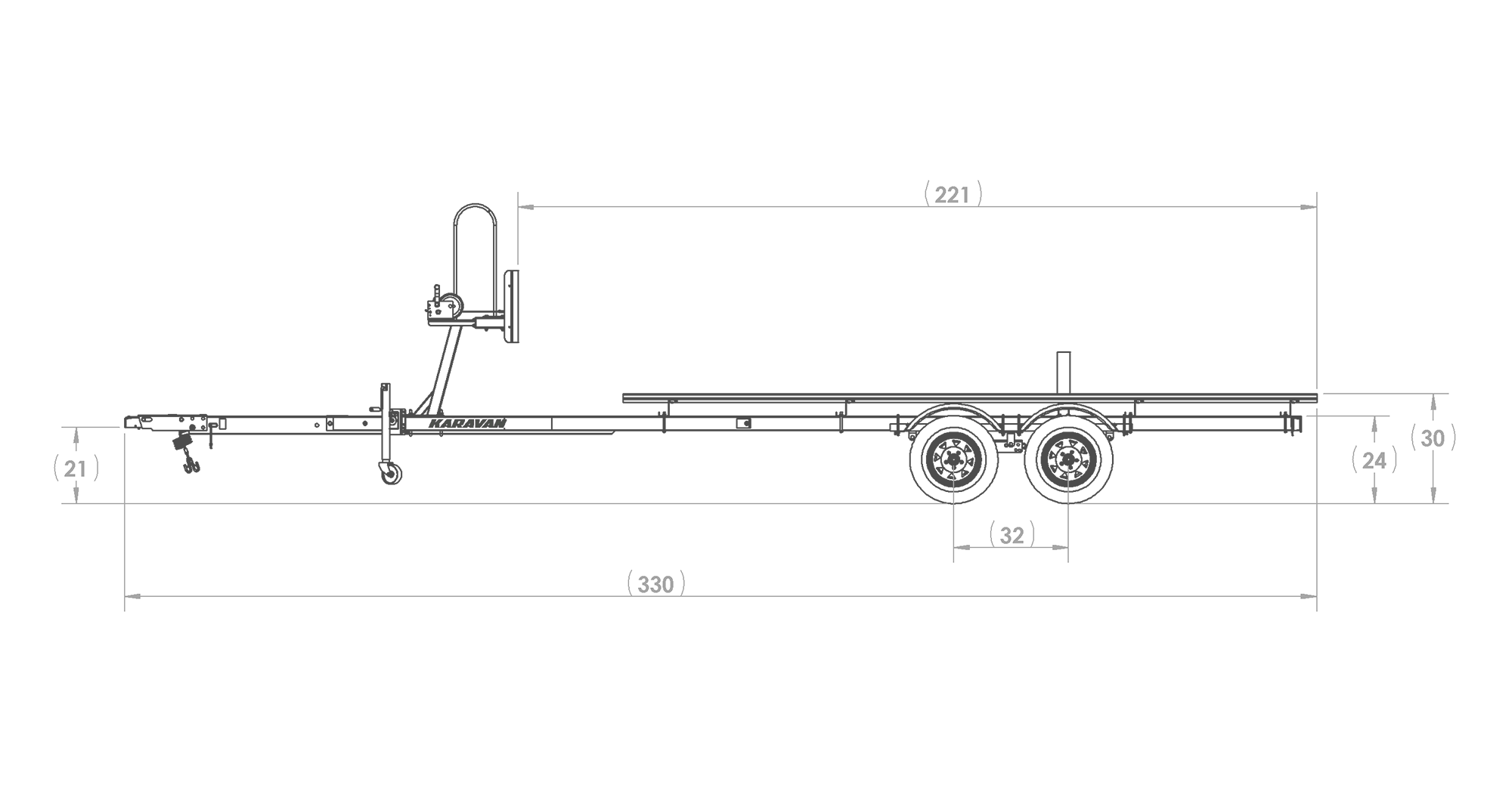 Karavan Trailer's Tandem Axel Midsize Pontoon Trailer, model number KDPT-1822, Side View Measurements