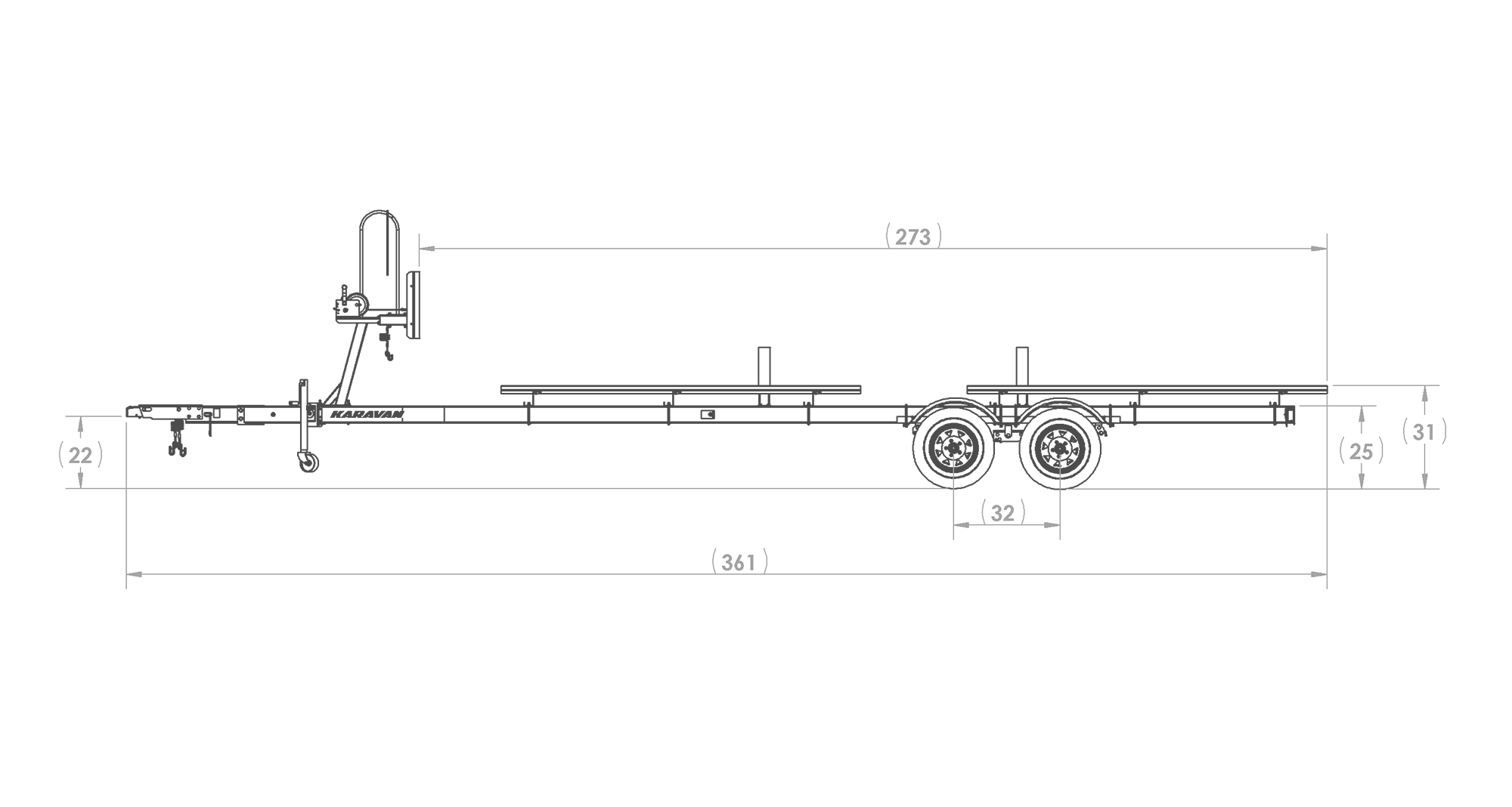 Karavan Trailer's Tandem Axel Large Pontoon Trailer, model number KDPT-2225, Side View Measurements