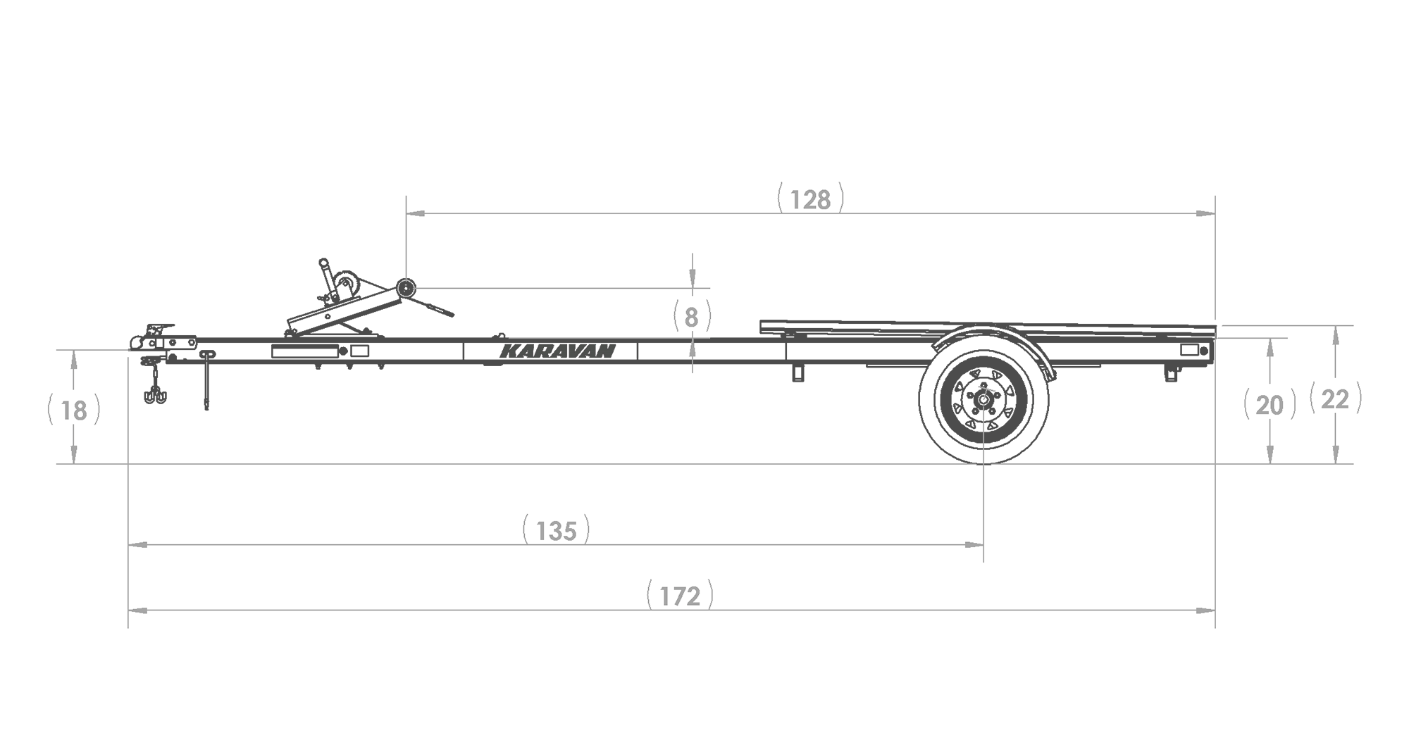 Karavan Trailers Single Watercraft Aluminum Trailer, model number WCA-1250-46, Side View Measurement