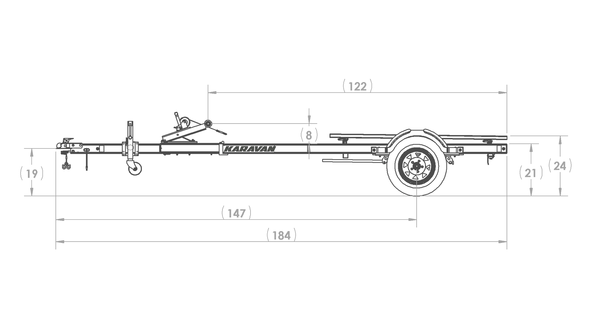 Karavan Trailer's Double Watercraft Aluminum Trailer w/Step Fender, model number WCA-2600-82, Side View Measurement