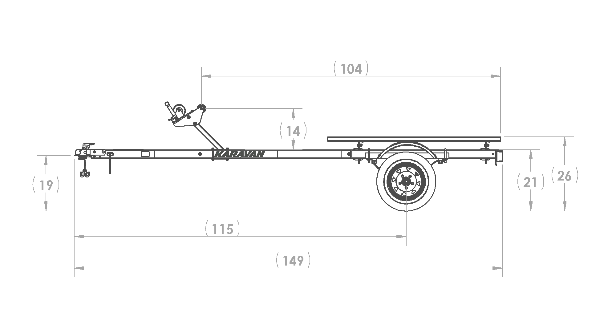 Karavan Trailer's Double Watercraft Steel Trailer, model number WC-1250-86, Side View Measurement