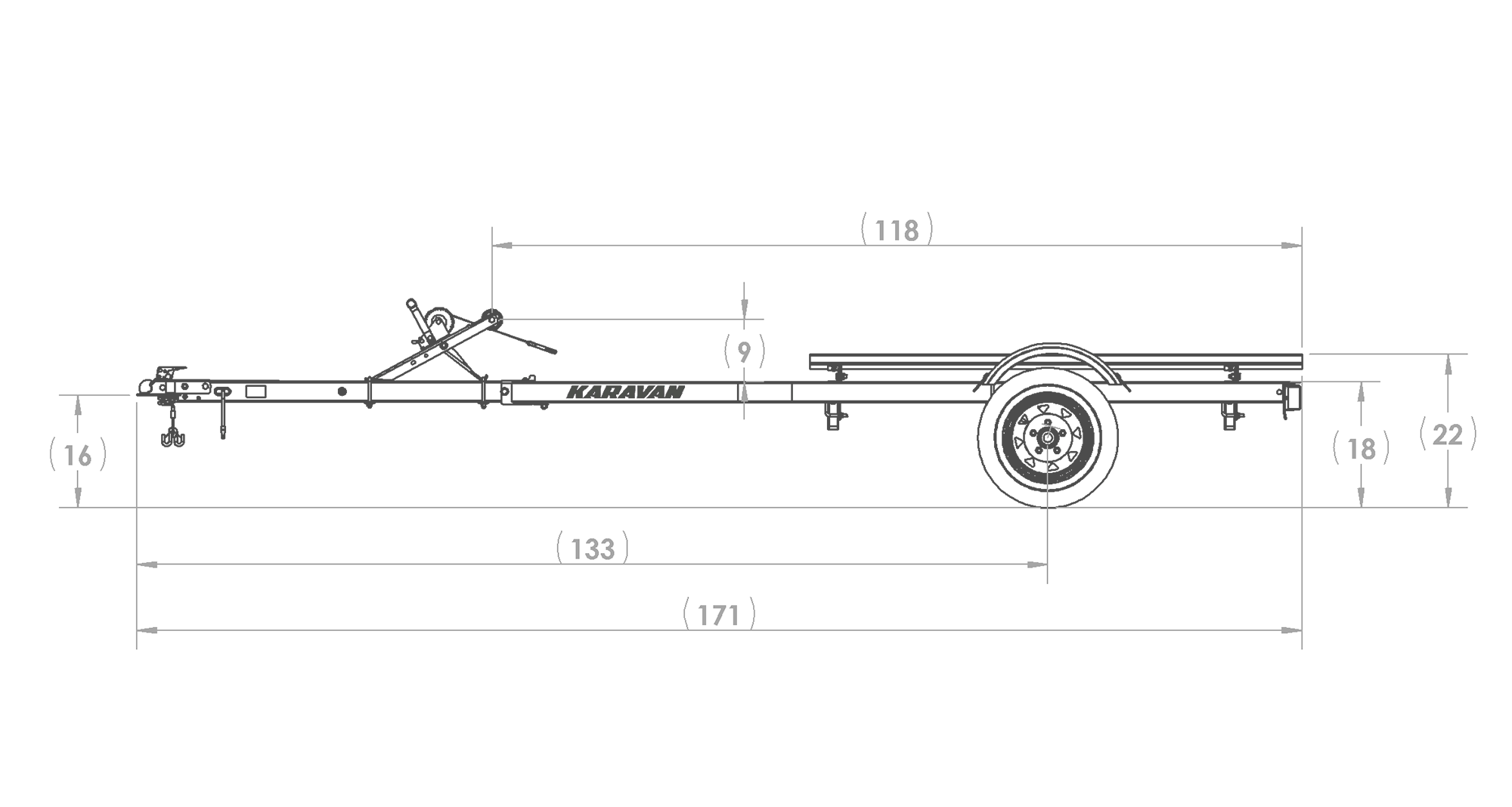 Karavan Trailer's Single Watercraft Low Profile Steel Trailer, model number WCE-1250-46-L, Side View Measurement