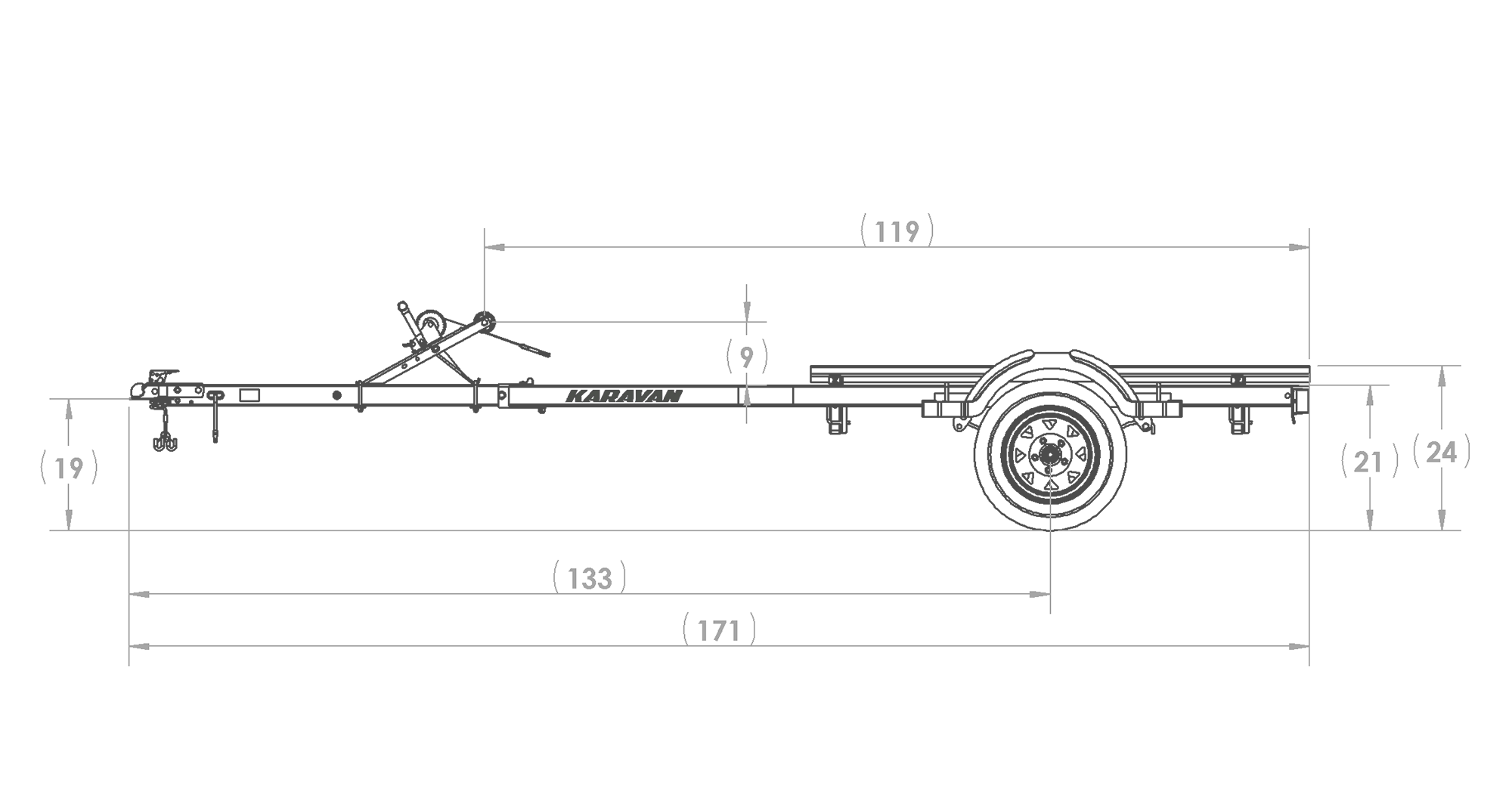 Karavan Trailer's Single Watercraft Steel Trailer w/Step Fender, model number WCE-1500-46, Side View Measurement