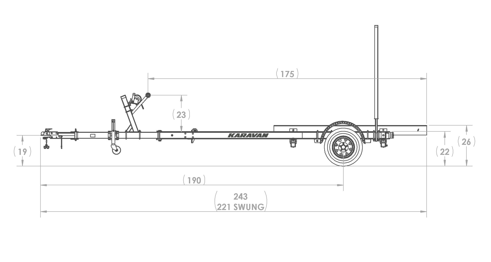 Karavan Trailer's Single Axel Aluminum 1700# Bunk Trailer, model number SL-1700-70, Side View Measurements