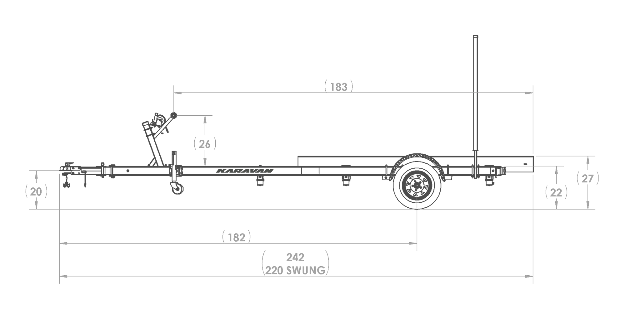 Karavan Trailer's Single Axel Aluminum 2450# Bunk Trailer, model number SL-2450-74, Side View Measurements