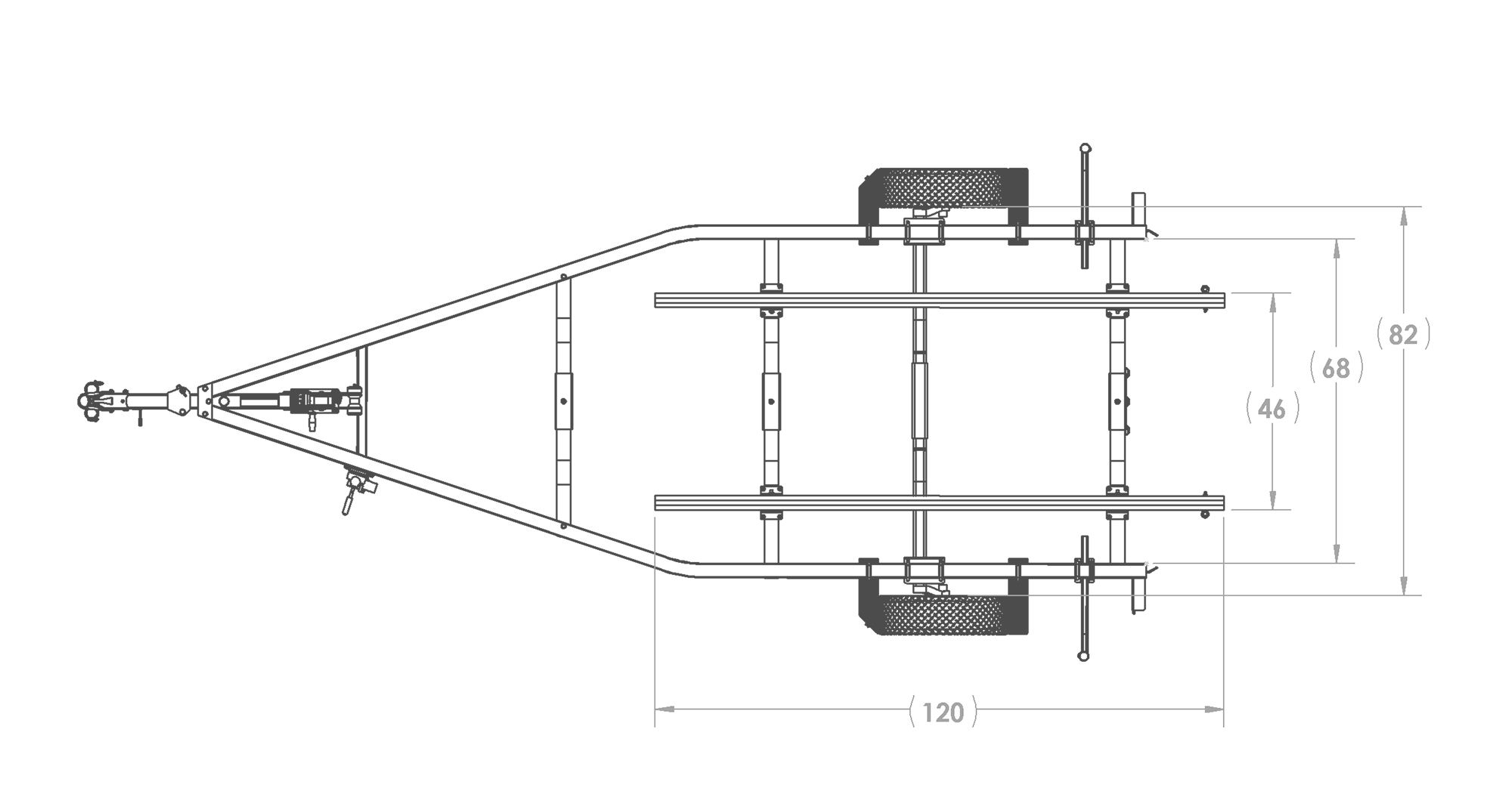 Karavan Trailer's Single Axel Aluminum 2450# Bunk Trailer, model number SL-2450-74, Top View Measurements