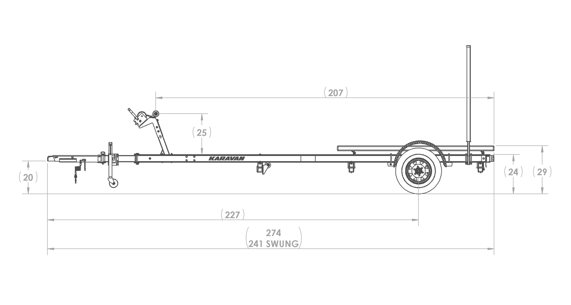 Karavan Trailer's Single Axel Aluminum 4100# Bunk Trailer, model number SL-4100-78, Side View Measurements