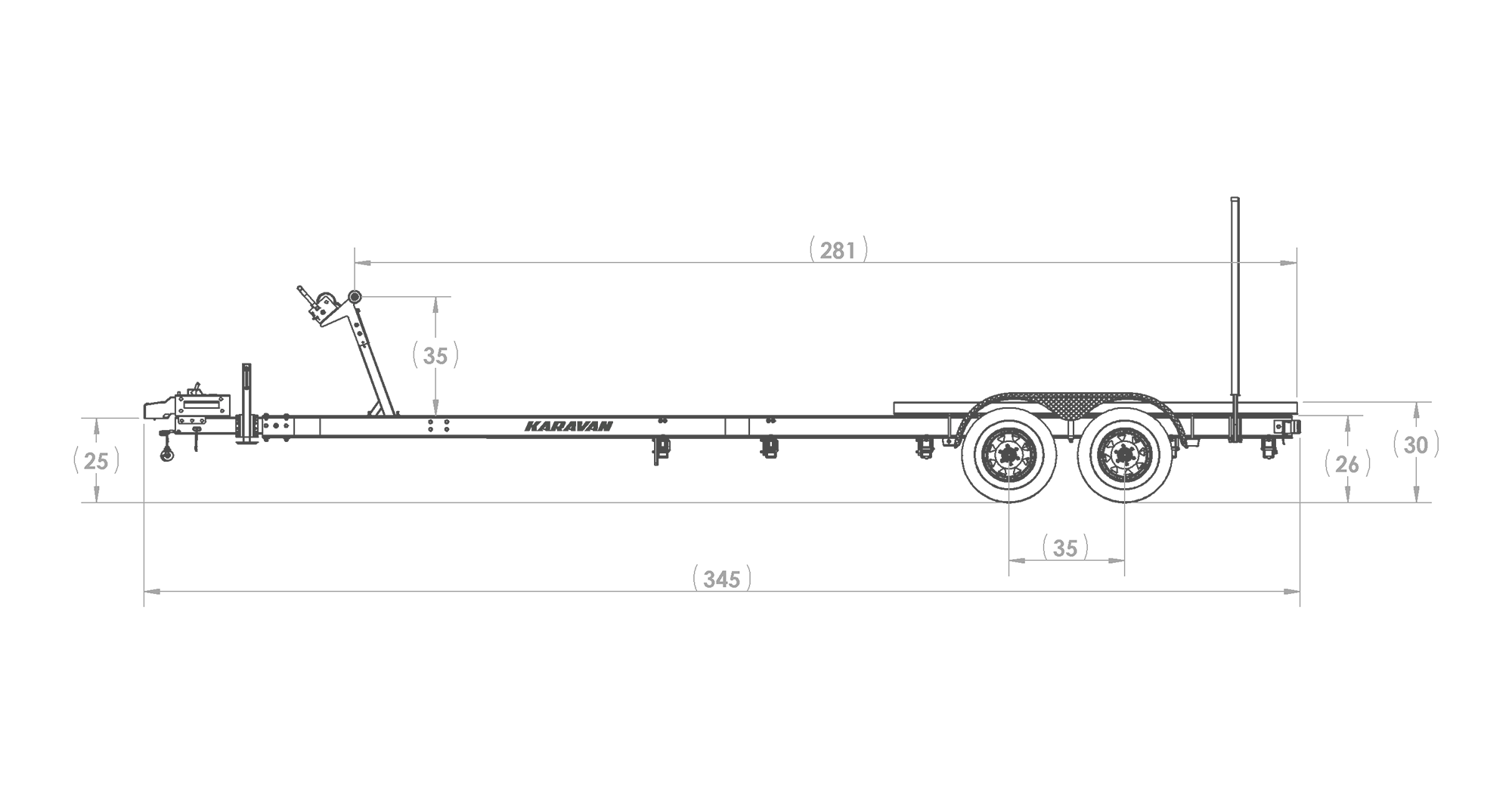 Karavan Trailer's Tandem Axel Aluminum 8600# Bunk Trailer, model number SLT-8600-78, Side View Measurements