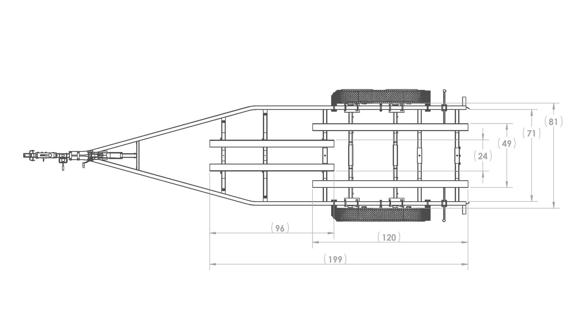 Karavan Trailer's Tandem Axel Aluminum 8600# Bunk Trailer, model number SLT-8600-78, Top View Measurements