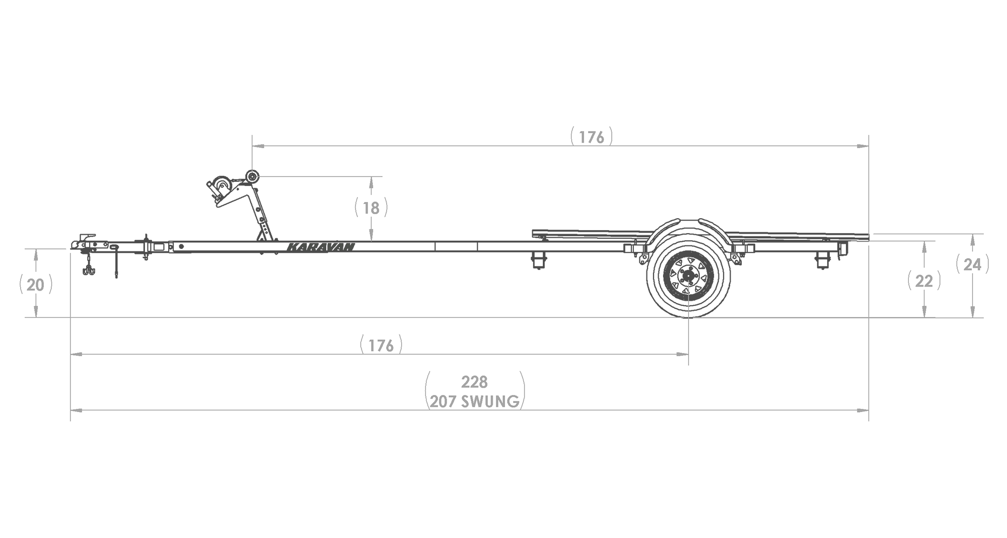 Karavan Trailer's Single Axel 1800# Custom Bunk Trailer, model number KCB-1800-60, Side View Measurements