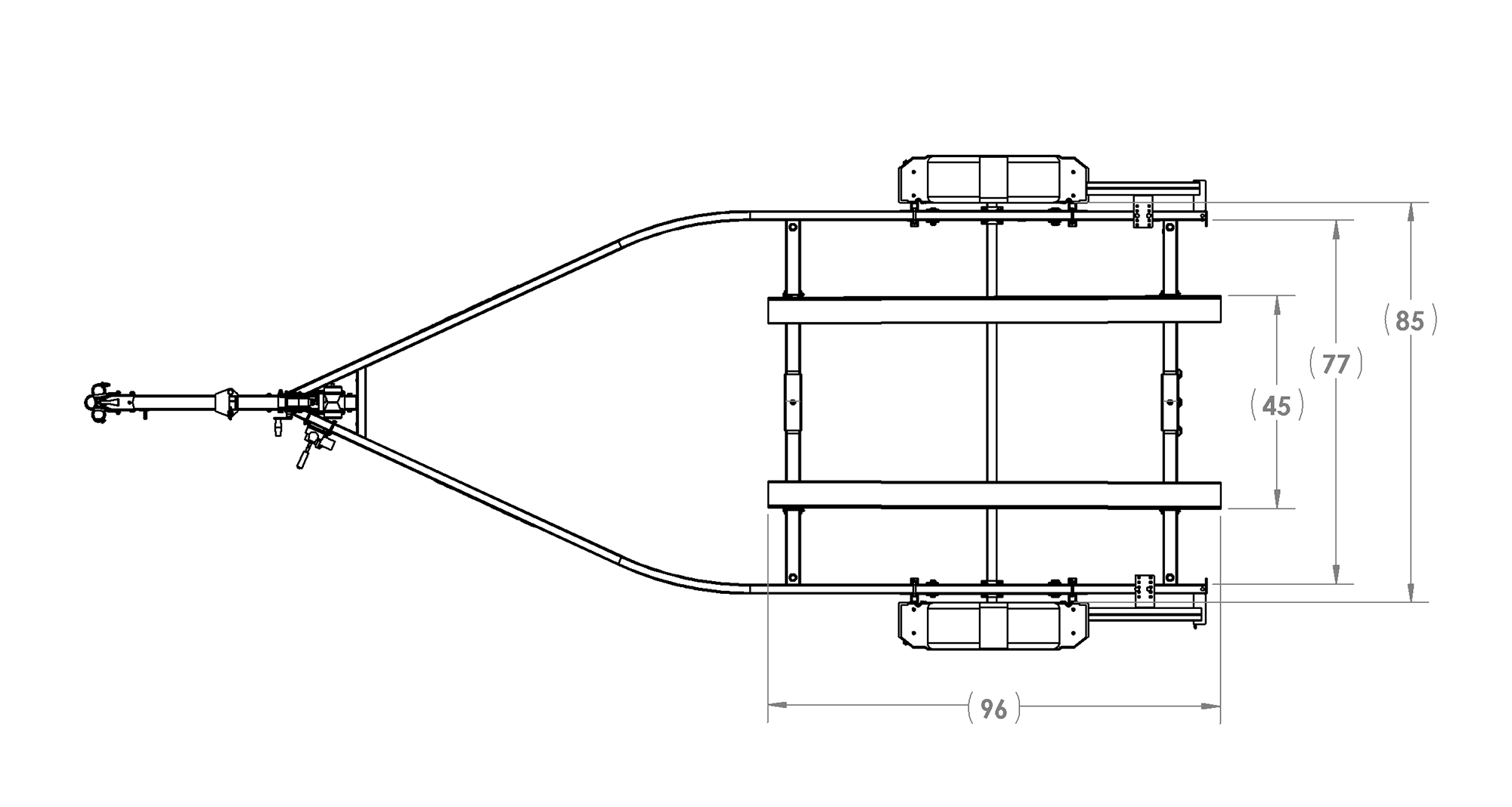 Karavan Trailer's Single Axel 2400# Custom Bunk Trailer, model number KCB-2400-82, Top View Measurements