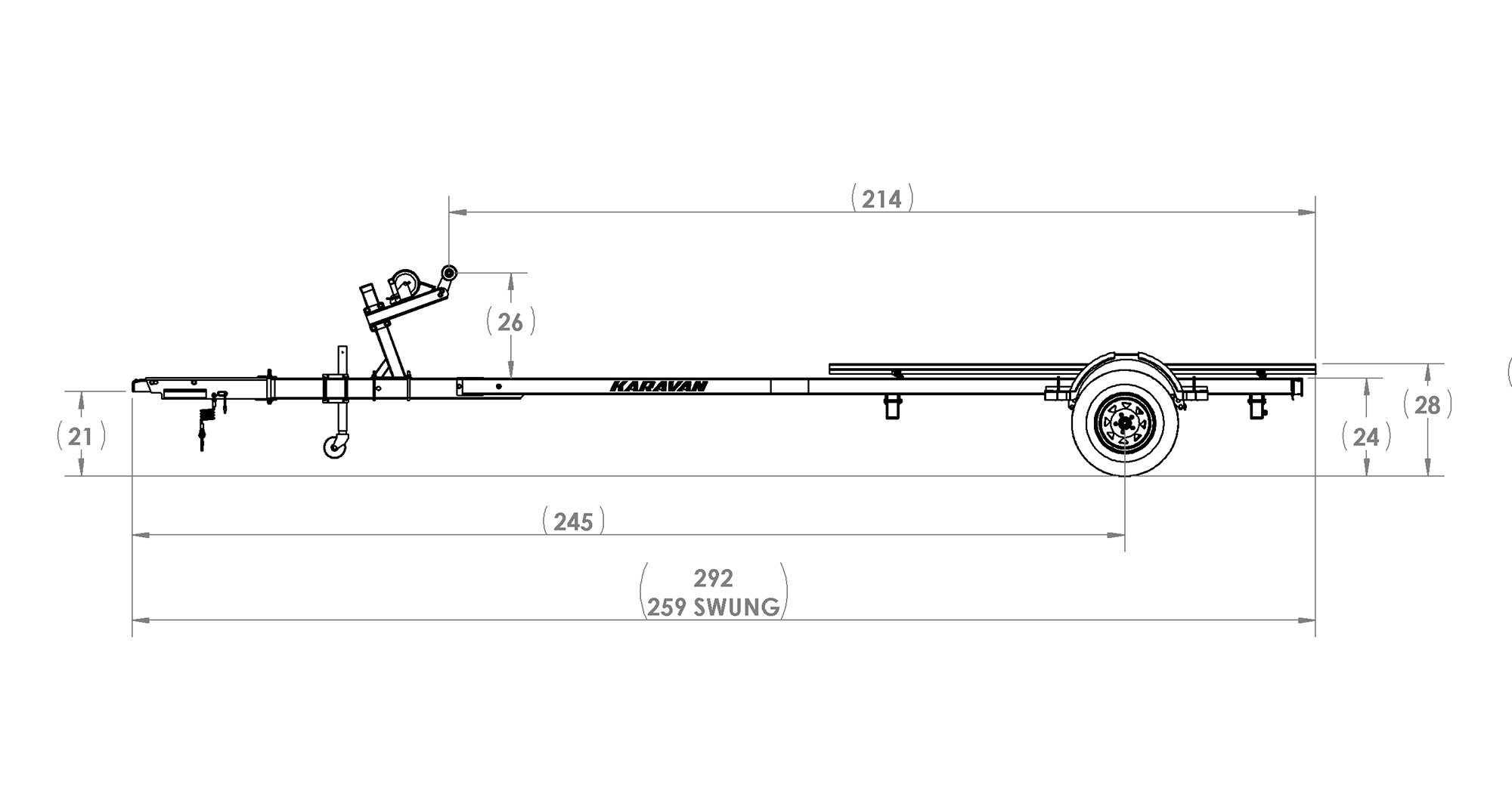 Karavan Trailer's Single Axel 3100# Custom Bunk Trailer, model number KCB-3100-78, Side View Measurements