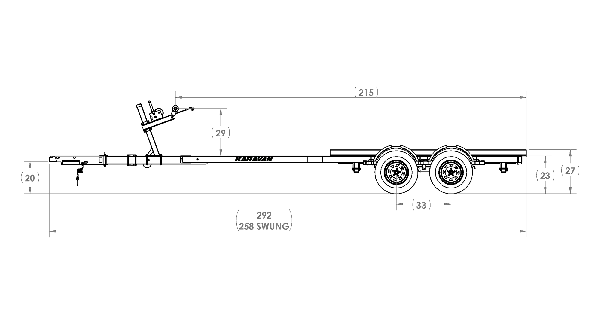 Karavan Trailer's Tandem Axel 4800# Custom Bunk Trailer, model number KCBT-4800-78, Side View Measurements