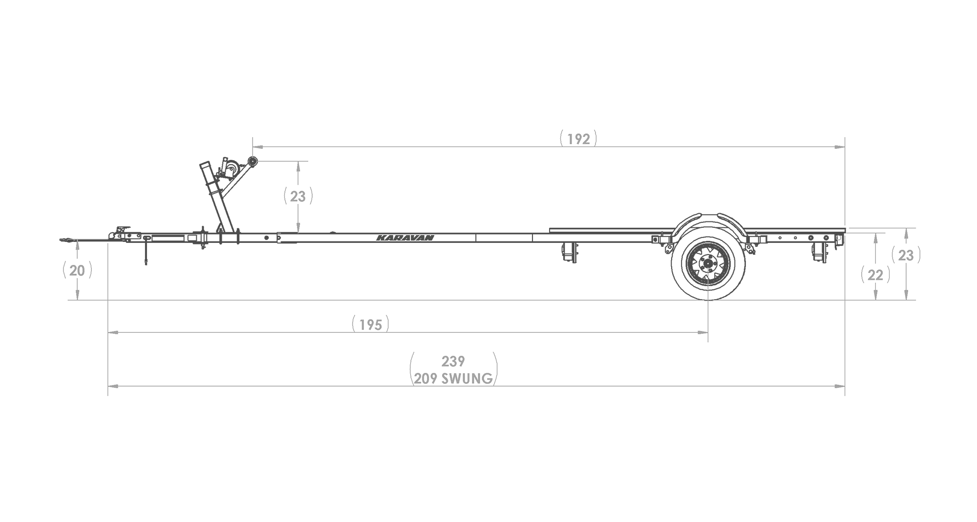 Karavan Trailer's Single Axel 1800# Bunk Trailer, model number KKB-1800-70, Side View Measurements