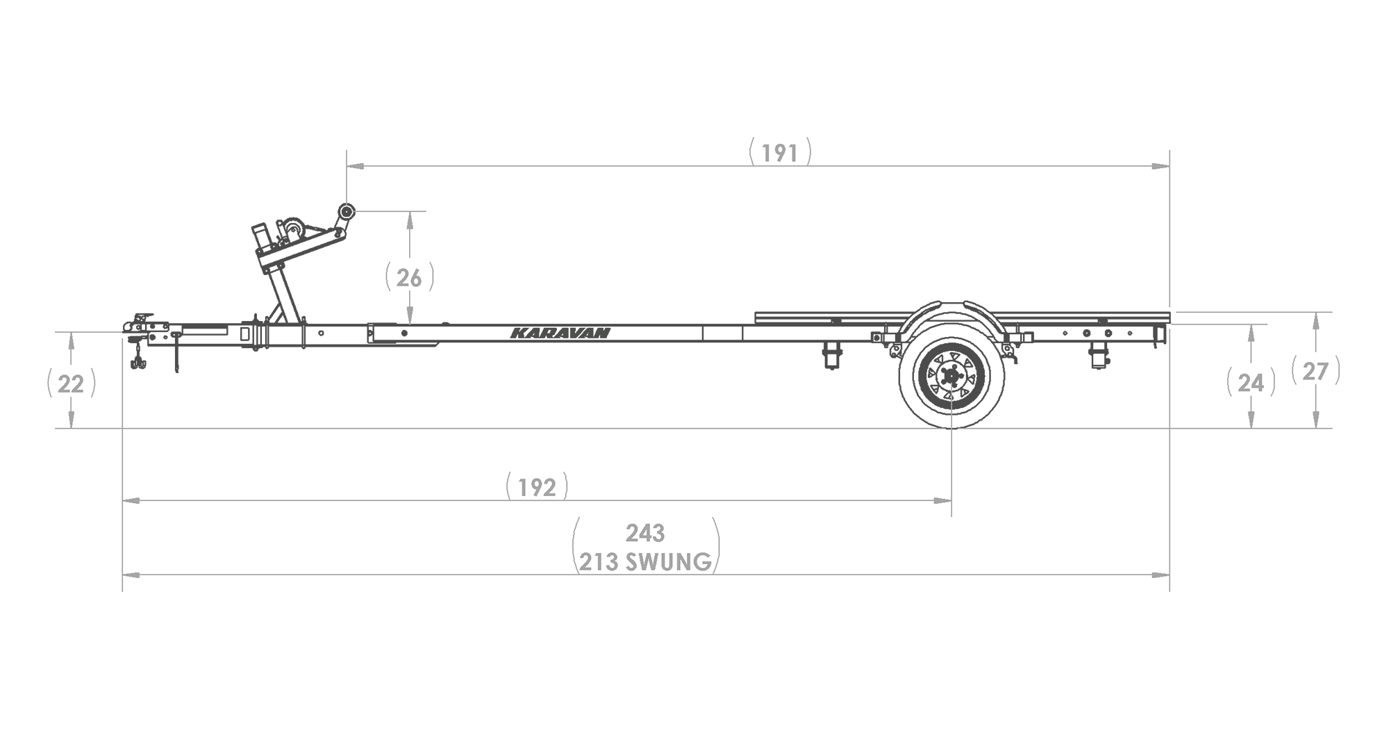 Karavan Trailer's Single Axel 2400# Bunk Trailer, model number KKB-2400-78, Side View Measurements