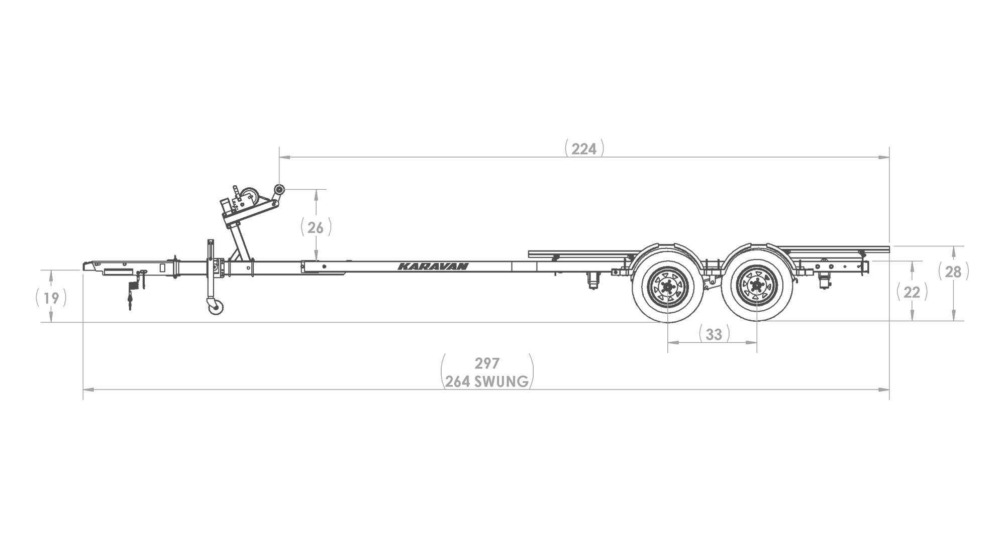 Karavan Trailer's Tandem Axel 4800# Bunk Trailer, model number KKBT-4800-78, Side View Measurement