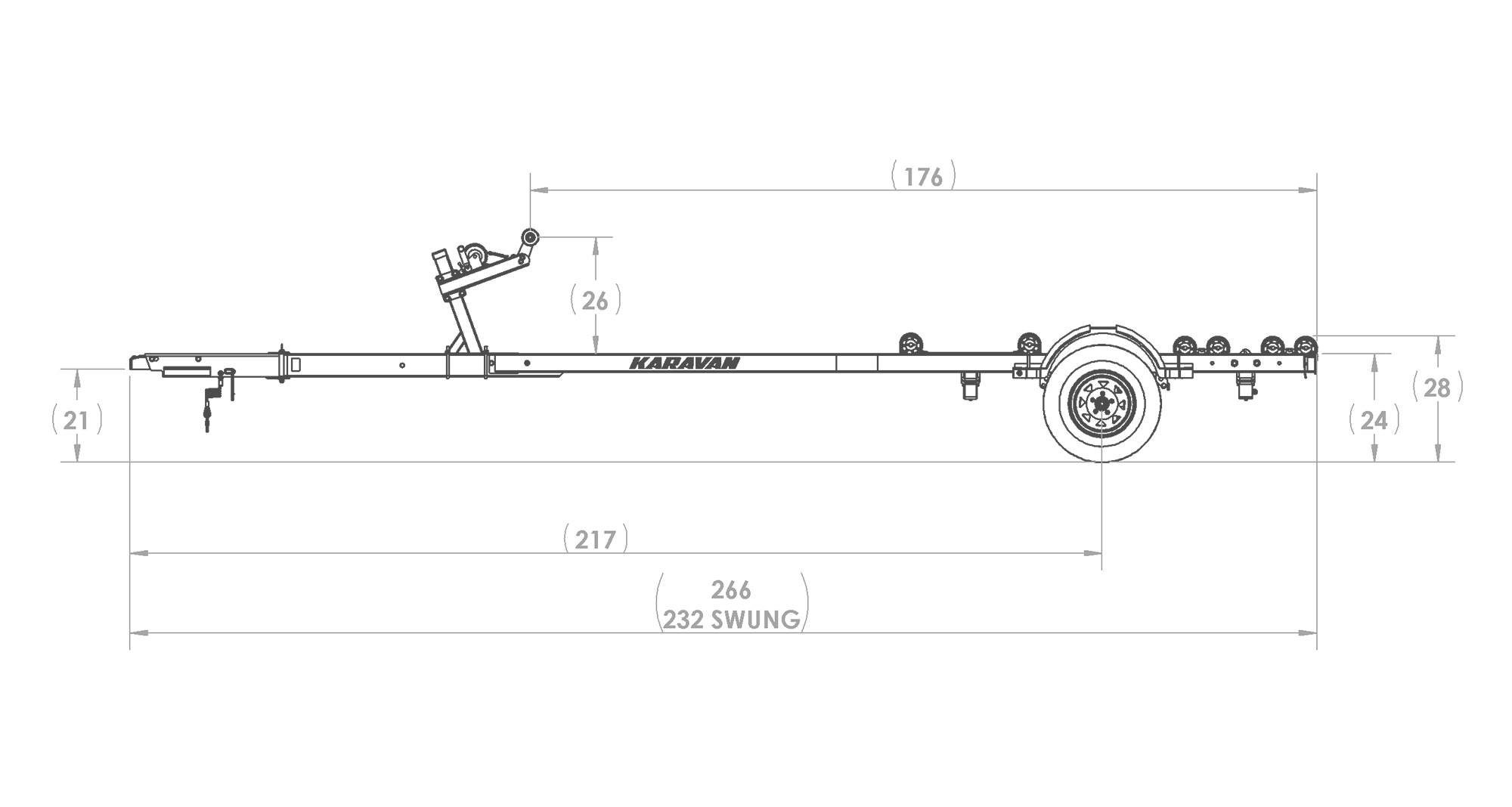 Karavan Trailer's Single Axel 3100# Roller Trailer, model number KKR-3100-78-S, Side View Measurements