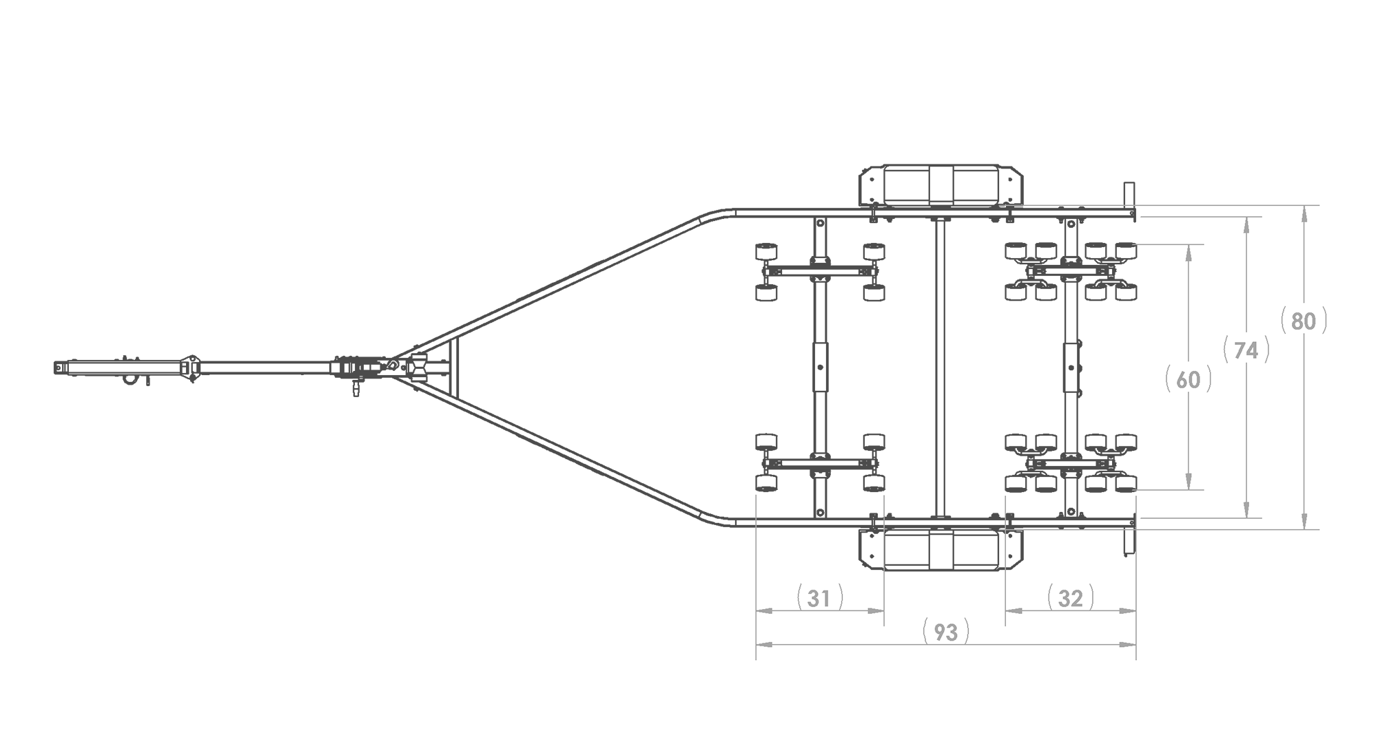 Karavan Trailer's Single Axel 3100# Roller Trailer, model number KKR-3100-78-S, Top View Measurements