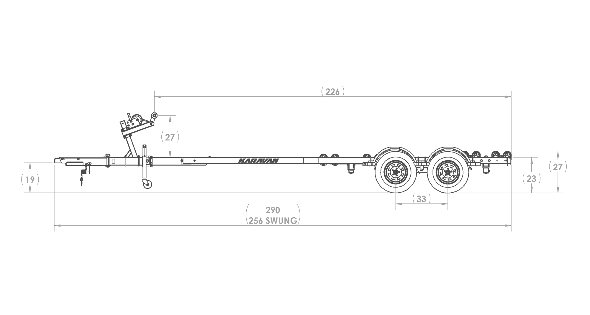 Karavan Trailer's Tandem Axel 4800# Roller Trailer, model number KKRT-4800-78, Side View Measurements