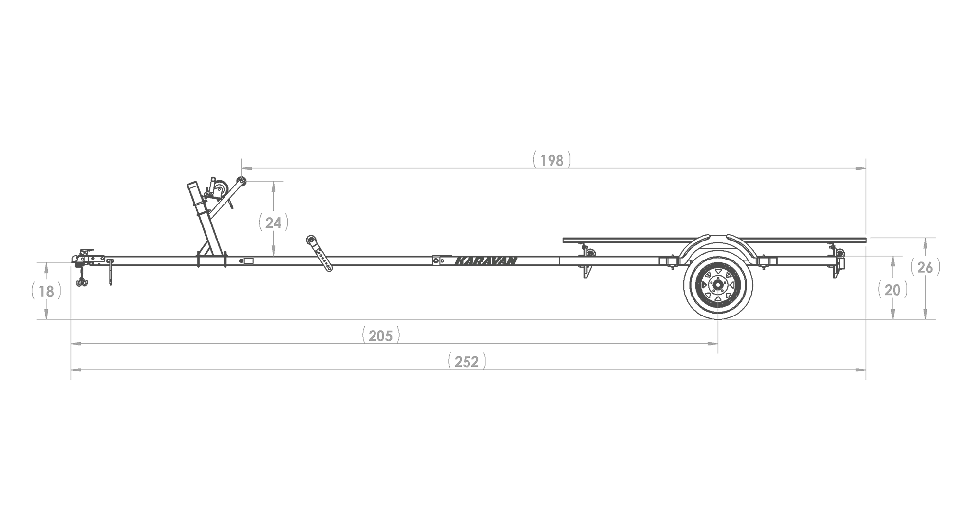 Karavan Trailer's Single Axel 1500# Long Bunk Trailer, model number KBL-1500-56, Side View Measurements