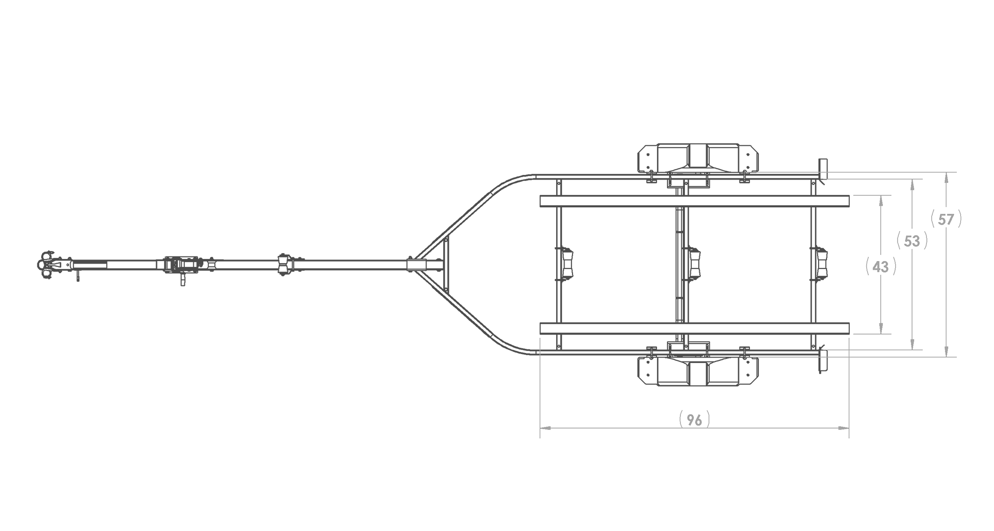 Karavan Trailer's Single Axel 1500# Long Bunk Trailer, model number KBL-1500-56, Top View Measurements