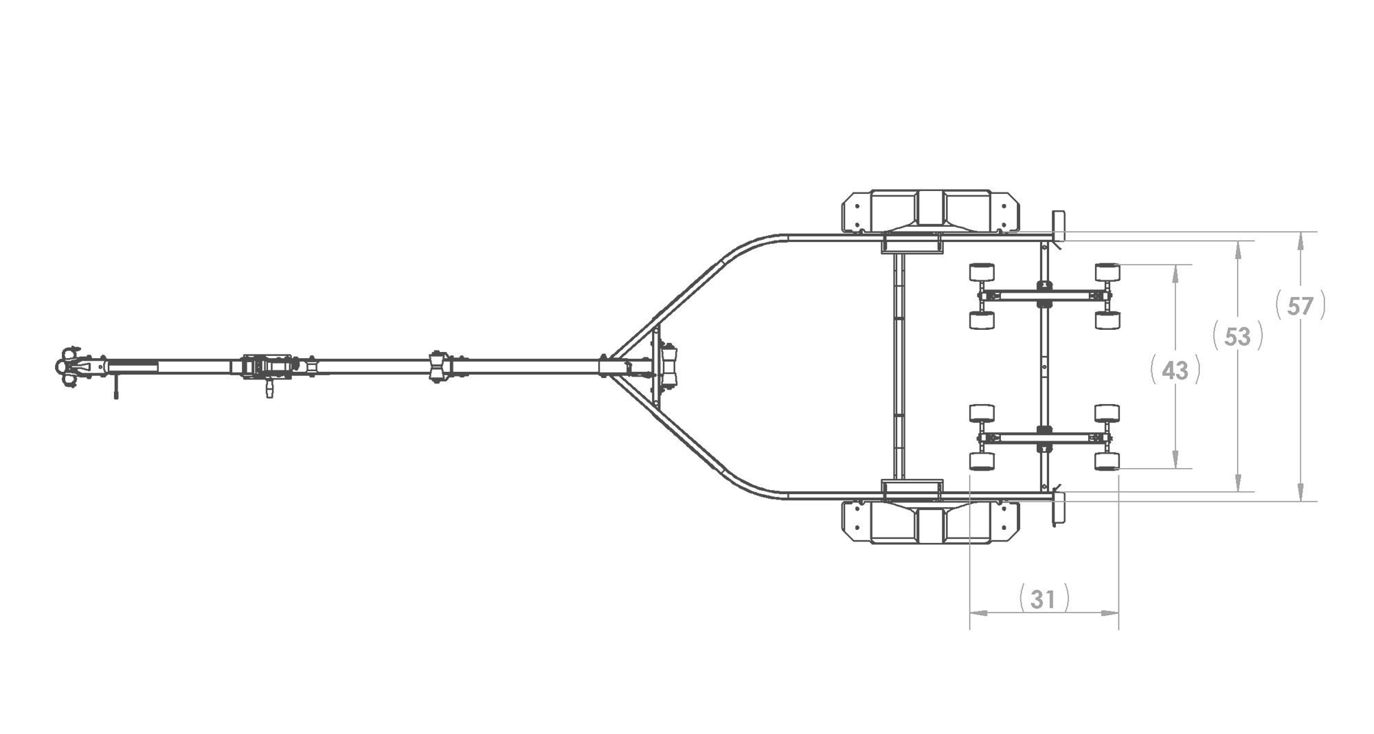 Karavan Trailer's Single Axel 1500# Wide Roller Trailer, model number KR-1500-56, Top View Measurements