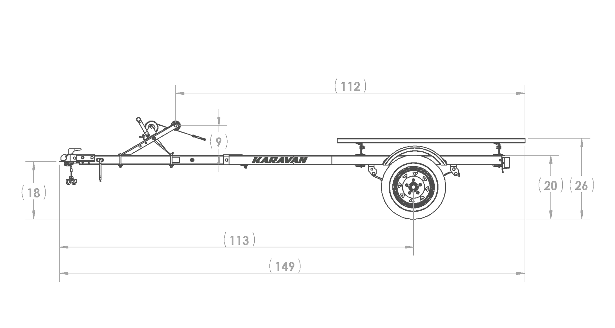 Karavan Trailer's Single Watercraft Steel Trailer, model number WCE-1250-40, Side View Measurement